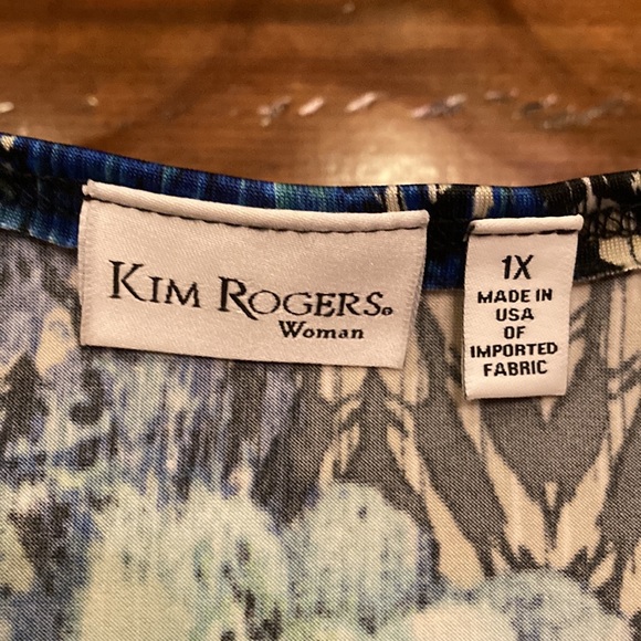 1X Kim Rogers Blue, Aqua, and Black Floral / Animal Print Stretch Top - Picture 5 of 7